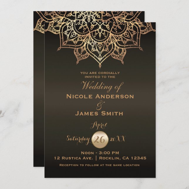 Gold Mandala Brown Bronze Modern Elegant Wedding Invitation (Front/Back)