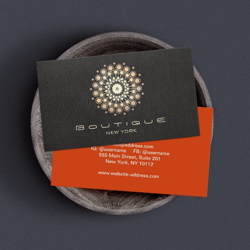 Customizable Chic Boutique Gold Circle Motif Faux  Black Linen Business Cards