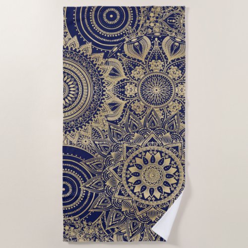 Gold Mandala Collection Blue Design Beach Towel