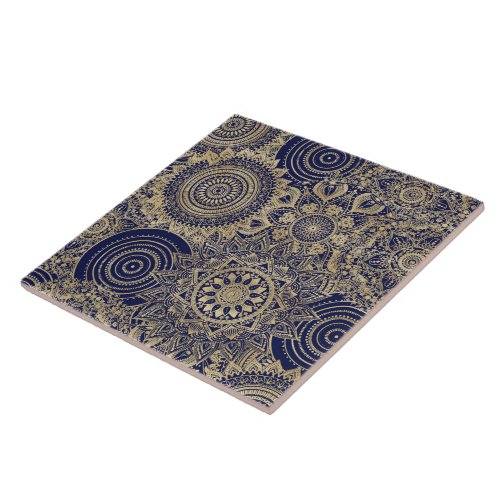 Gold Mandala Collection Blue Design Ceramic Tile