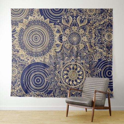 Gold Mandala Collection Blue Design Tapestry