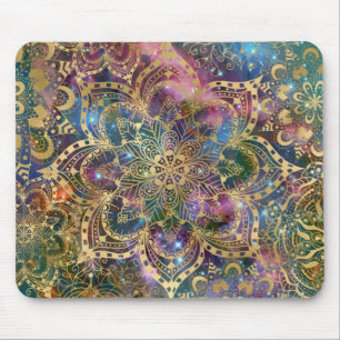 Gold Mandala Colorful Galaxy Design Floral Boho Mouse Pad