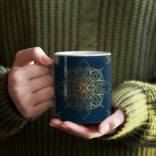 Gold Mandala Damask Pattern Coffee Mug (Gold Mandala Pattern on Navy Mug)