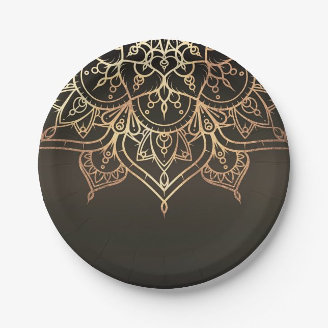 Gold Mandala Earthy Brown Bronze Modern Glam Party Paper Plates (Front)