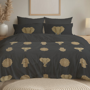 Gold Mandala Elephant Hamsa Hand - Reversible Boho Duvet Cover