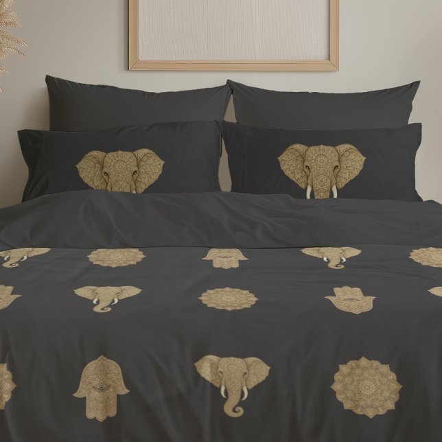 Gold Mandala Elephant Hamsa Hand - Reversible Boho Pillow Case (Creator Uploaded)