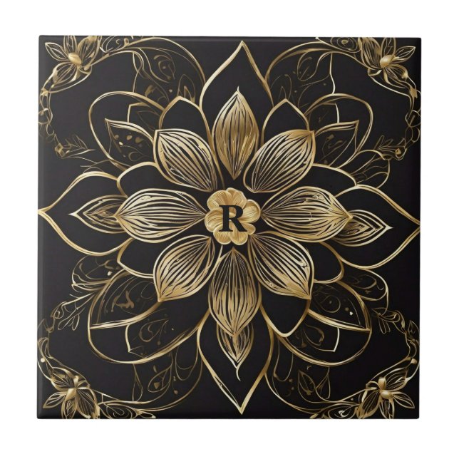 Gold Mandala Floral Black Elegant Monogram Initial Ceramic Tile (Front)