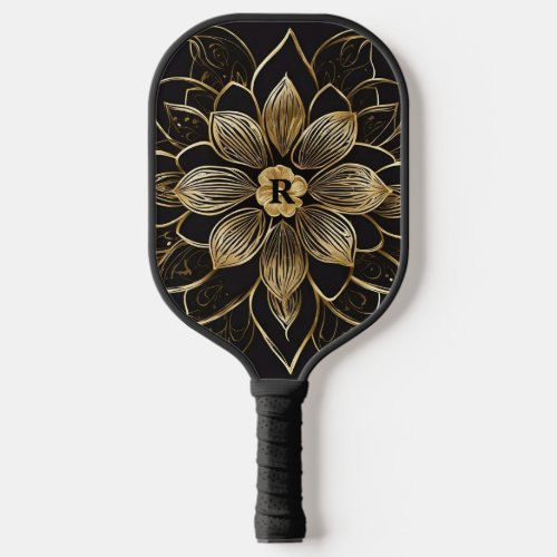 Gold Mandala Floral Black Elegant Monogram Initial Pickleball Paddle