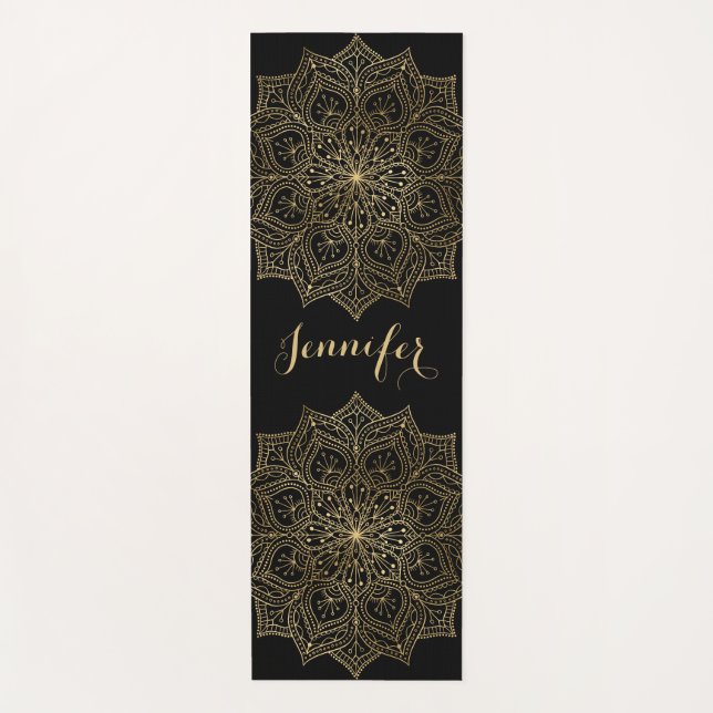 Gold Mandala Flower Custom Name Black Yoga Mat (Front)