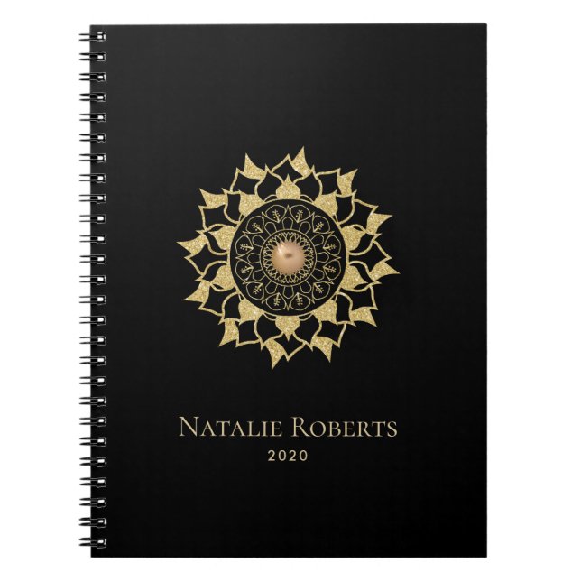 Gold Mandala Flower Elegant Black Notebook (Front)
