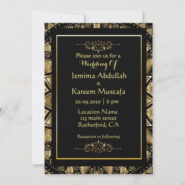 Gold Mandala In Black Background Wedding Invitation (Front)