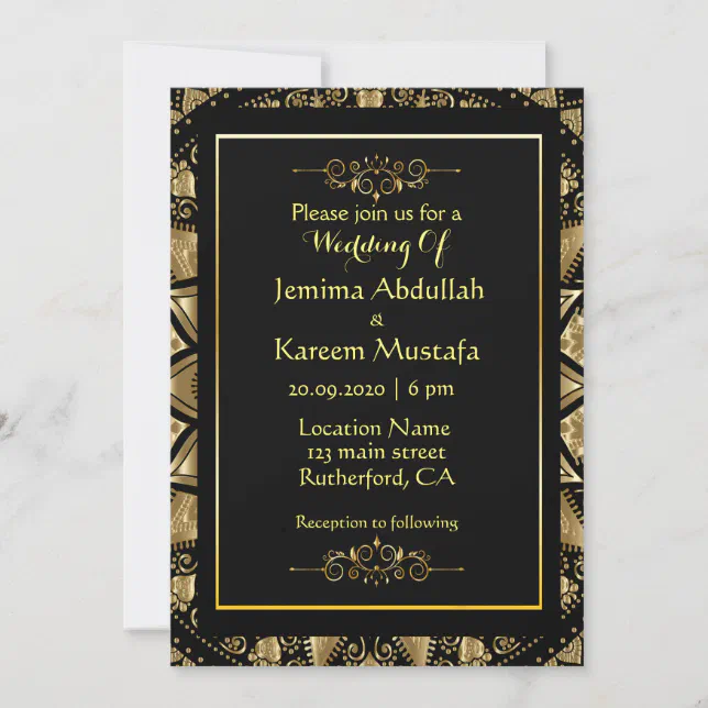 Gold Mandala In Black Background Wedding Invitation | Zazzle