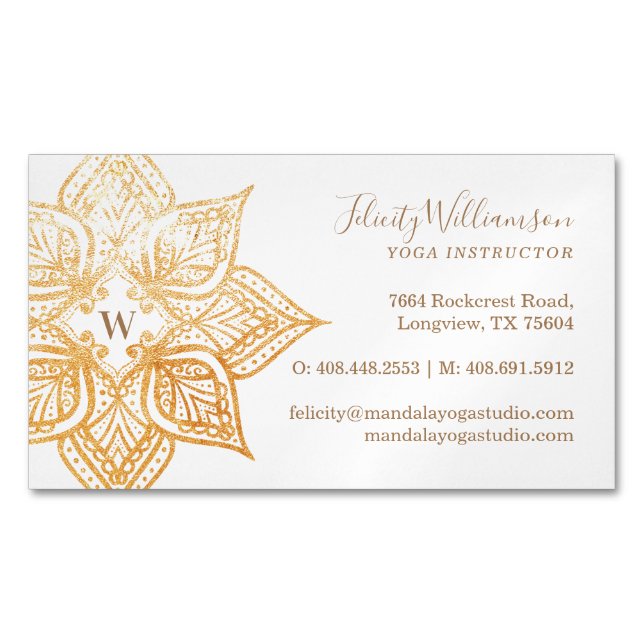 Gold Mandala Lotus Flower Monogram Business Card Magnet (Front)
