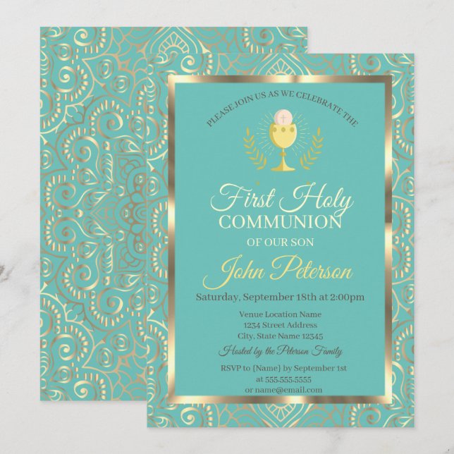  Gold Mandala Mint Green First Holy Communion  Invitation (Front/Back)