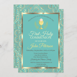 Gold Mandala Mint Green First Holy Communion Invitation