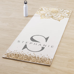 Gold mandala monogram custom name glitter yoga mat