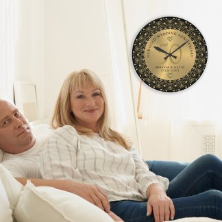 Gold Mandala on Black 50th Wedding Anniversary Large Clock