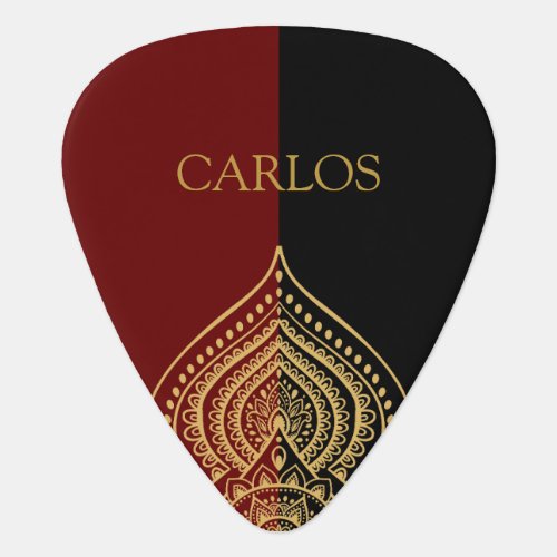 Gold mandala on black and red background guitar pick