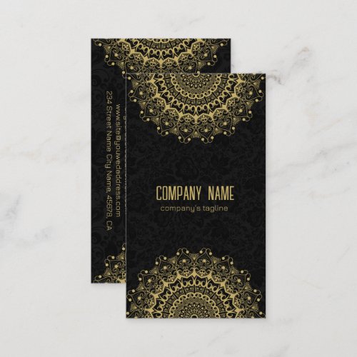 Gold Mandala On Black Damask Background Business Card