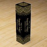 Gold Mandala on Black Damasks Background Wine Box<br><div class="desc">Gold ornate mandala over a black and dark gray monochromatic background. Customizable text in a matching gold color-happy birthday.</div>