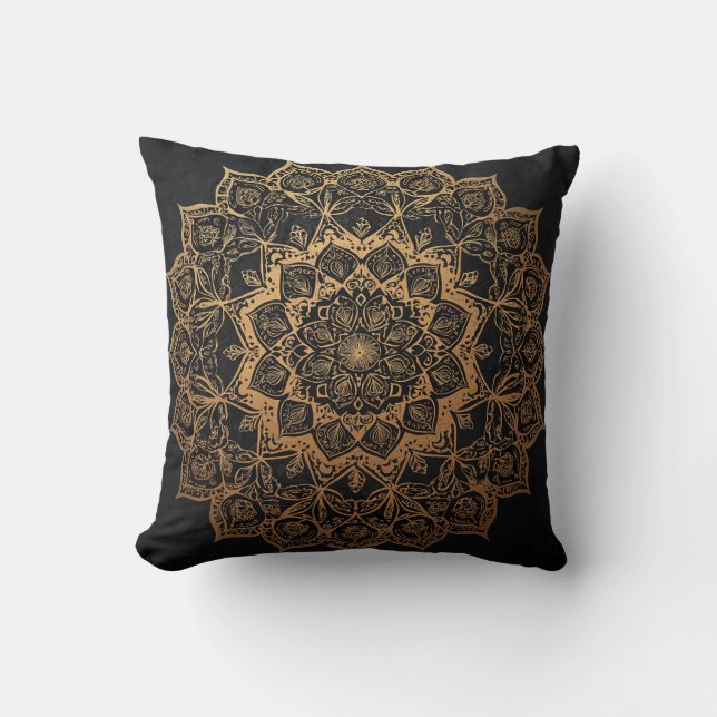 Gold Mandala on Black Pillow (Front)