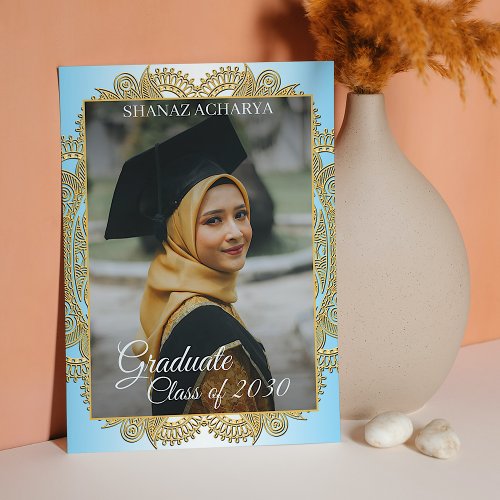 Gold Mandala On Blue Graduation Announcement Postcard