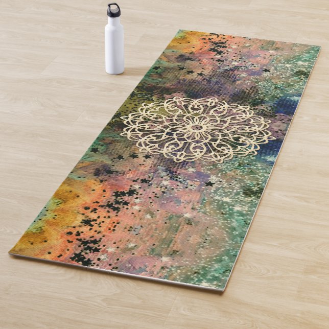 Gold Mandala on Colorblast Abstract Yoga Mat (In Situ)