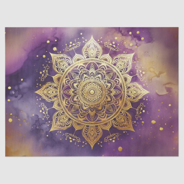 Gold Mandala on Purple Watercolor Decoupage Tissue Paper (Front)