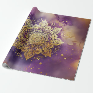 Gold Mandala on Purple Watercolor Decoupage Wrapping Paper