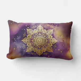 Gold Mandala on Purple Watercolor Lumbar Pillow