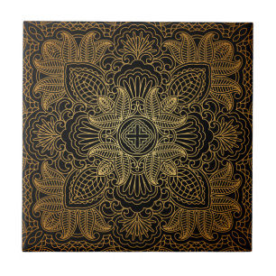 Gold Mandala Ornament Ceramic Tile