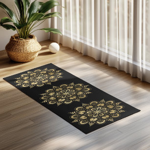 Gold Mandala Pattern Black Boho Yoga Mat