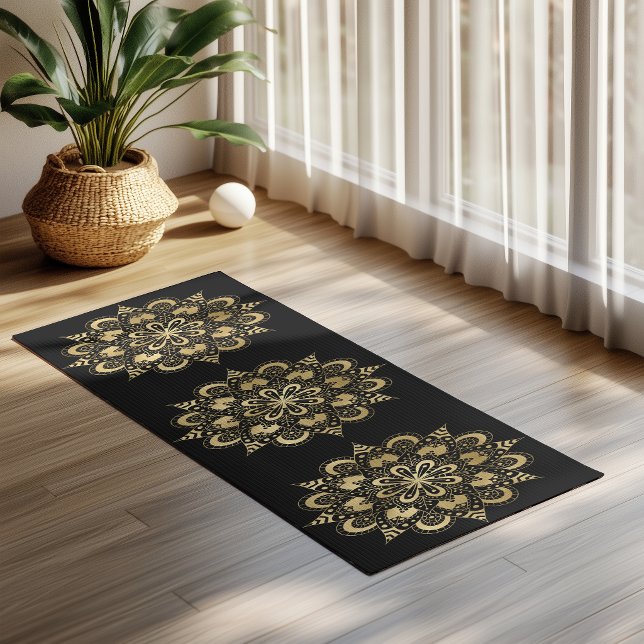 Gold Mandala Pattern Black Boho Yoga Mat (Creator Uploaded)
