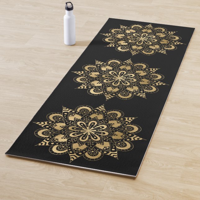 Gold Mandala Pattern Black Boho Yoga Mat (In Situ)