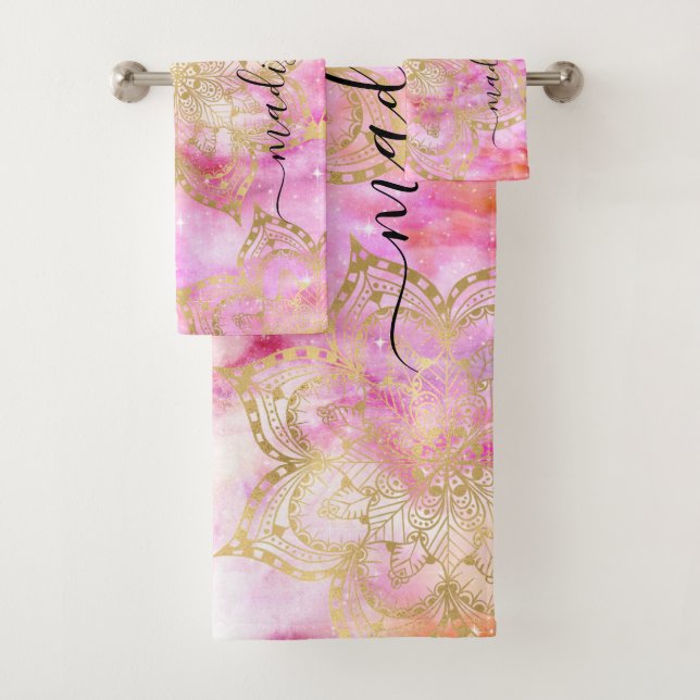 Gold Mandala pattern Pink Purple Nebula Custom Bath Towel Set (Insitu)