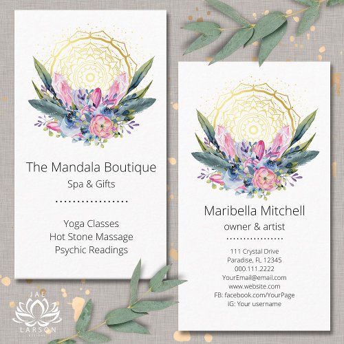 Gold Mandala Pink Crystals Psychic Spa Spiritual Business Card