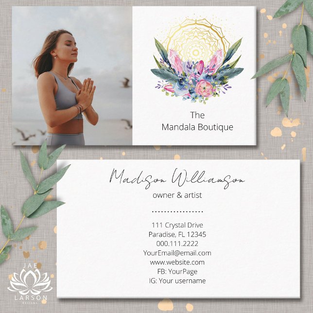 Gold Mandala Pink Crystals Psychic Spiritual Photo Business Card (Creator Uploaded)