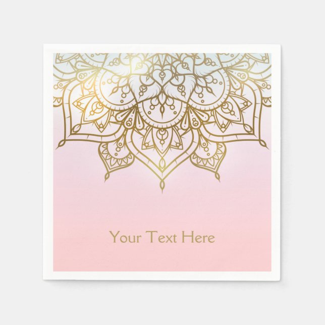 Gold Mandala Pink Peach Chic Modern Glam Party Napkins (Front)