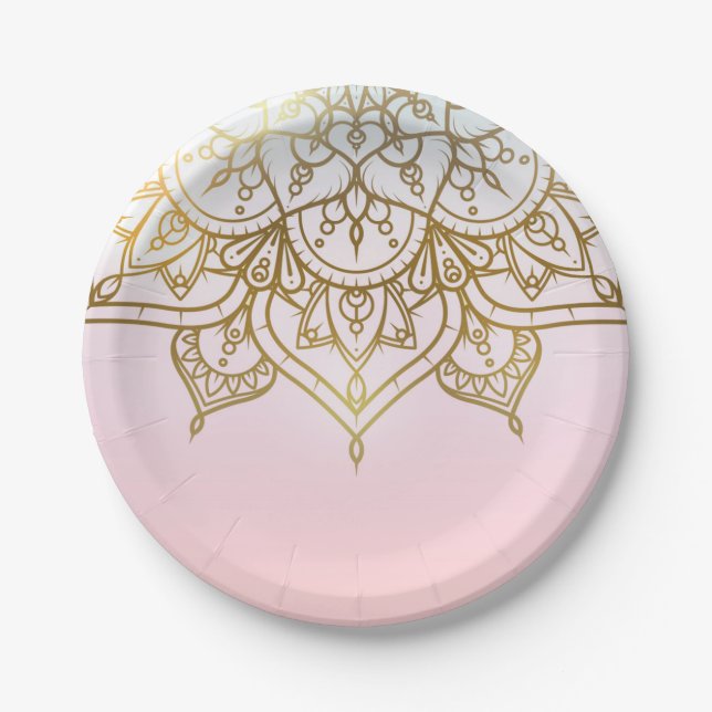 Gold Mandala Pink Peach Chic Modern Glam Party Paper Plates (Front)