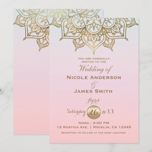 Gold Mandala Pink Peach Modern Elegant Wedding Invitation (Front/Back)