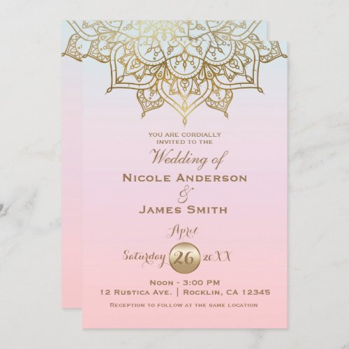 Gold Mandala Pink Peach Modern Elegant Wedding Invitation