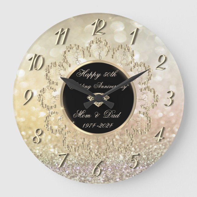 Gold Mandala Roses Bokeh 50th Wedding Anniversary Large Clock (Front)