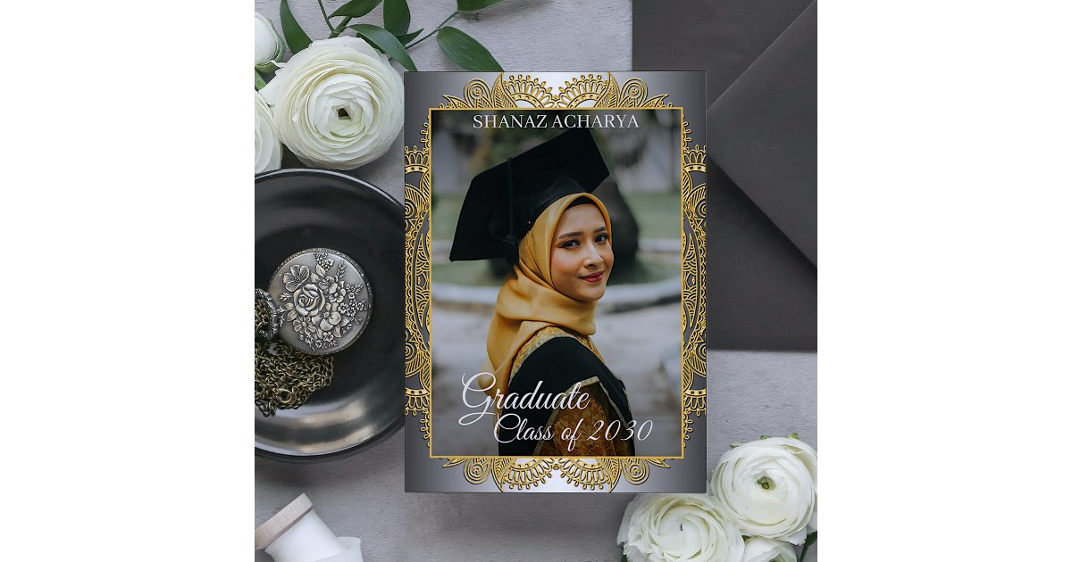 Gold Mandala Silver Gray Graduation Announcement | Zazzle