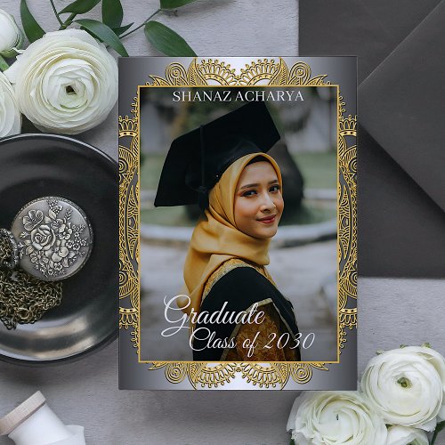 Gold Mandala Silver Gray Graduation Announcement Postcard