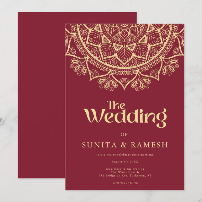 Gold Mandala Traditional Red Indian Wedding Invitation (Front/Back)