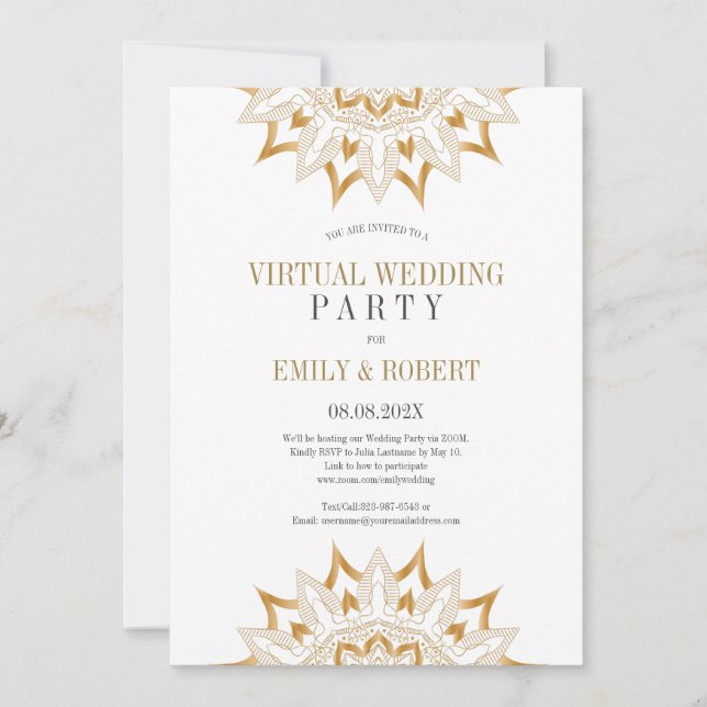 Gold mandala virtual wedding party save the date (Front)
