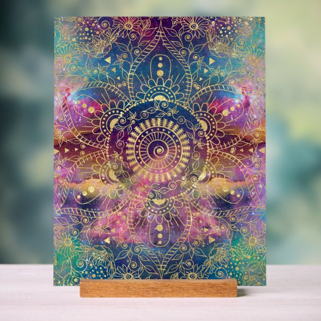 Gold Mandala Watercolor Colorful Nebula Acrylic Sign (Neutral)