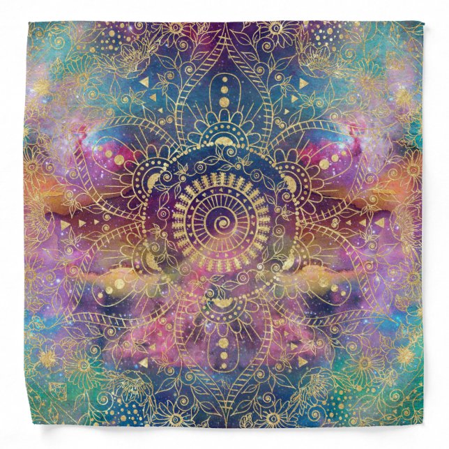 Gold Mandala Watercolor Colorful Nebula Bandana (Front)