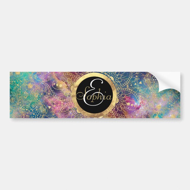 Gold Mandala Watercolor Colorful Nebula Bumper Sticker (Front)