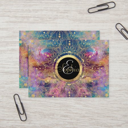 Gold Mandala Watercolor Colorful Nebula Business Card